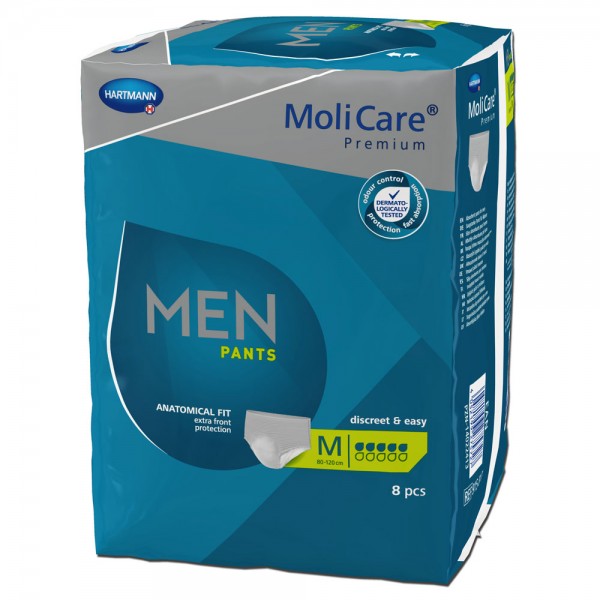 Hartmann MoliCare Premium men pants 5 Tropfen M (1x8 Stk.) Die MoliCare Premium men pants 5 Tropfen M sind wie normale Unterwäsche zu tragen.Speziell für Männer mit mittlerer Blasenschwäche geformte Pants bieten sicheren Schutz und halten die Haut gesundNiedrig tailliert