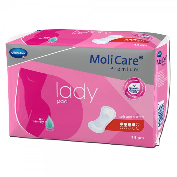 Hartmann MoliCare Premium lady pad 4 Tropfen (1x14 Stk.) Die MoliCare Premium lady pads 4 Tropfen Inkontinenzeinlagen eignen sich für mittelschwere Blasenschwäche.Speziell an die weibliche Anatomie angepasstAnatomisch geformte Einlage mit ﬂüssigkeitsverteilender Schicht und elastischen Schaumstoffbündchen im SchrittbereichWeiches Material mit Aloe vera behandelter AuﬂageDiskretes Tragen in UnterwäscheWeiches Material mit atmungsaktiver textiler RückseiteHautfreundlicher pH-Wert von 5