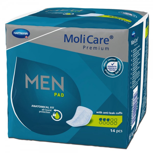 Hartmann MoliCare Premium men pad 3 Tropfen (1x14 Stk.) Die MoliCare Premium men pads 3 Tropfen eignen sich für leichte Blasenschwäche.Speziell für Männer entwickelte Einlagen bieten sicheren Schutz und halten die Haut gesundAnatomisch geformte saugfähige und gepolsterte PenistascheV-Form