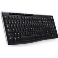 Logitech K270. Geräteschnittstelle: RF Wireless, Empfohlene Benutzung: Haus, Tastaturaufbau: QWERTY. Produktfarbe: Schwarz, Schutzfunktion: Wasserfest. kabellose Reichweite: 10 m. Kabelloser Receiver-Anschluss: USB. Energiequelle: Batterie/Akku, Batterietechnologie: Alkali, Akku-/Batterietyp: AAA (920-003738)