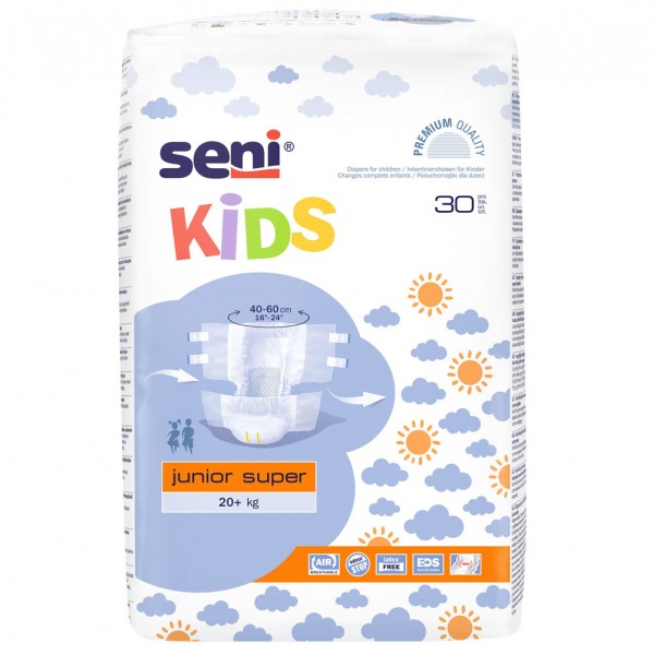 Seni Kids Junior Super 20+ kg (1x30 Stück) Mit Seni Kids Junior Super 20+ können sich auch größere Kinder mit Inkontinenz endlich wieder sicher fühlen - ohne Babywindeln tragen zu müssen. Sie eignen sich für sehr starke Blasenschwäche und auch für Stuhlinkontinenz.Sicherheit und volle Bewegungsfreiheit dank den elastischen Rückenseiten und KlettverschlüssenTragekomfort und ein angenehm trockenes Gefühl