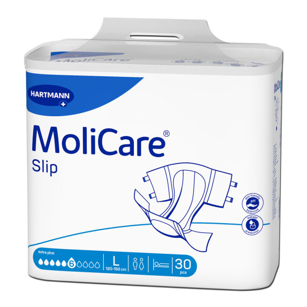 Hartmann MoliCare® Slip extra plus 6 Tropfen L (1x30 Stück) Der Hartmann MoliCare® Slip eignet sich für mittelschwere Harn- und Stuhlinkontinenz und mobile Personen mit leichter Inkontinenz.3-lagiger