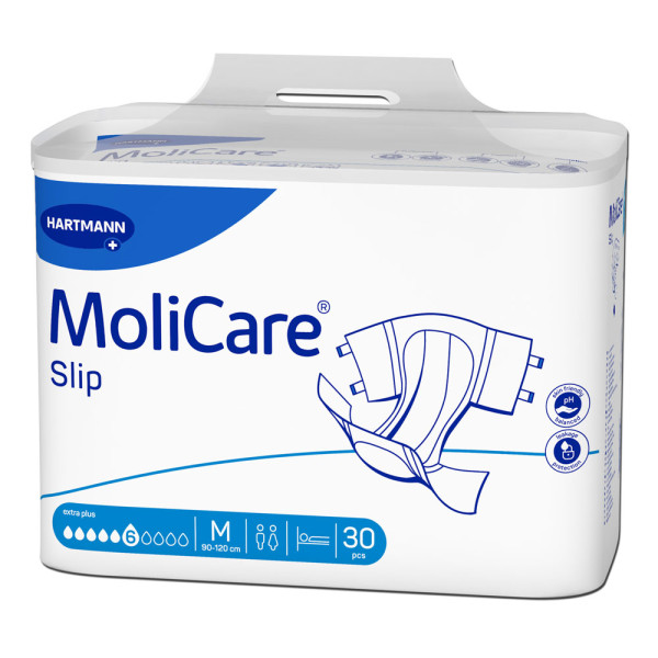 Hartmann MoliCare® Slip extra plus 6 Tropfen M (1x30 Stück) Der Hartmann MoliCare® Slip eignet sich für mittelschwere Harn- und Stuhlinkontinenz und mobile Personen mit leichter Inkontinenz.3-lagiger