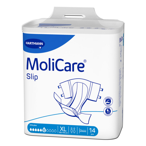 Hartmann MoliCare® Slip extra plus 6 Tropfen XL (1x14 Stück) Der Hartmann MoliCare® Slip eignet sich für mittelschwere Harn- und Stuhlinkontinenz und mobile Personen mit leichter Inkontinenz.3-lagiger