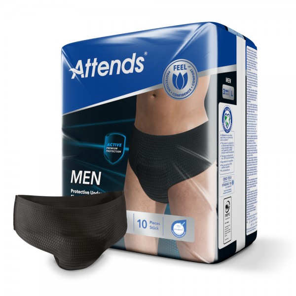 Attends Men Protective Underwear 3 L (1x10 Stück) Die Attends Men Protective Underwear sind saugfähige Einmalhosen für Männer mit leichter bis mittlerer Blasenschwäche.Für empfindliche Haut geeignetLeistungsfähiger vorne verstärkter Saugkern mit Superabsorber und Aufnahmeschicht für optimale Auslaufsicherheit