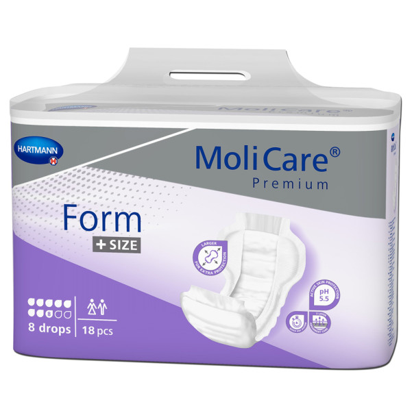 Hartmann MoliCare® Premium Form +SIZE 8 Tropfen (1x18 Stk.) Die Hartmann MoliCare® Premium Form +SIZE 8 Tropfen sind 3-lagige Vorlagen für Übergewichtige und Adipöse.Sie eignet sich für schwere Harn- und Stuhlinkontinenz.Sehr große EinlageHohe Saugkraft und guter AuslaufschutzAktiver Hautschutz mit ph-Wert 5