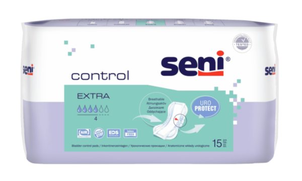 Einlagen Seni Control Extra 15 Stück Atmungsaktive anatomische Einlagen sind für Frauen mit leichter bis mittlerer Inkontinenz geeignet. Die perfekte Lösung für aktive Frauen. Die Einlagen haben eine anatomische Passform für eine perfekte Anpassung an den Körper. Die Seni Control MINI und NORMAL sehen aus wie eine normale Slipeinlag...