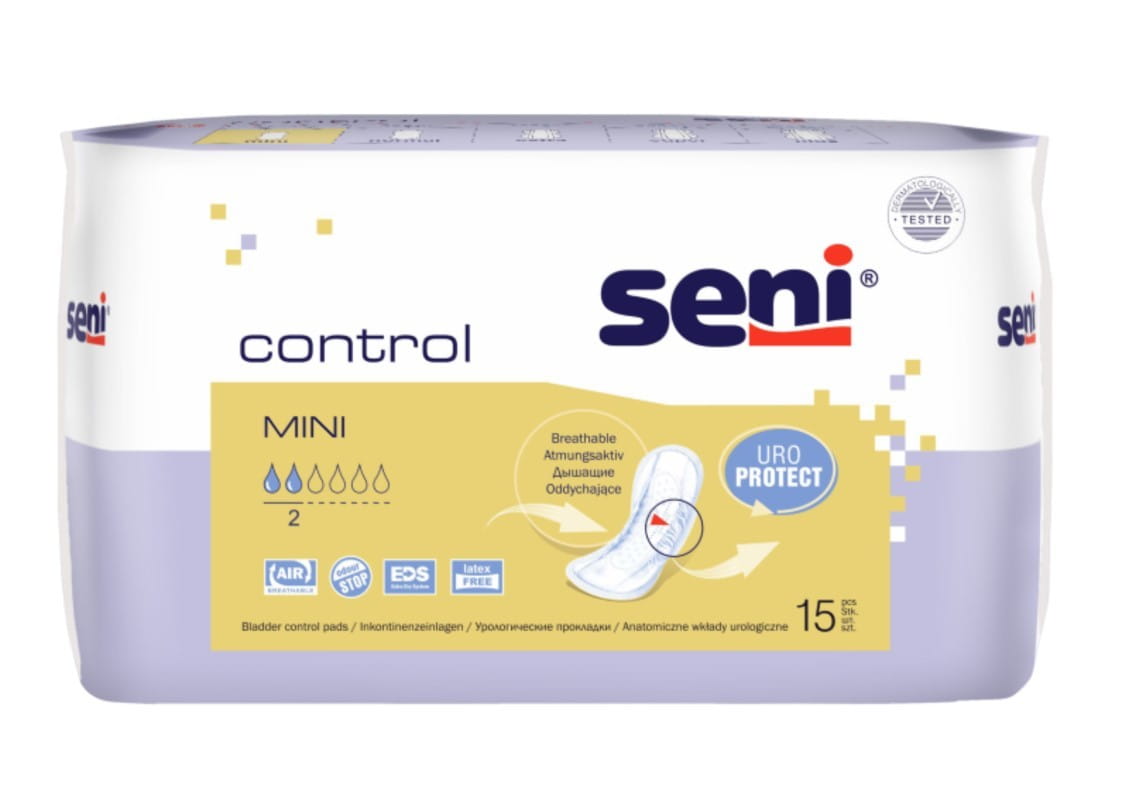 Einlagen Seni Control Mini 15 Stück Atmungsaktive anatomische Einlagen sind für Frauen mit leichter bis mittlerer Inkontinenz geeignet. Die perfekte Lösung für aktive Frauen. Die Einlagen haben eine anatomische Passform für eine perfekte Anpassung an den Körper. Die Seni Control MINI und NORMAL sehen aus wie eine normale Slipeinlag...