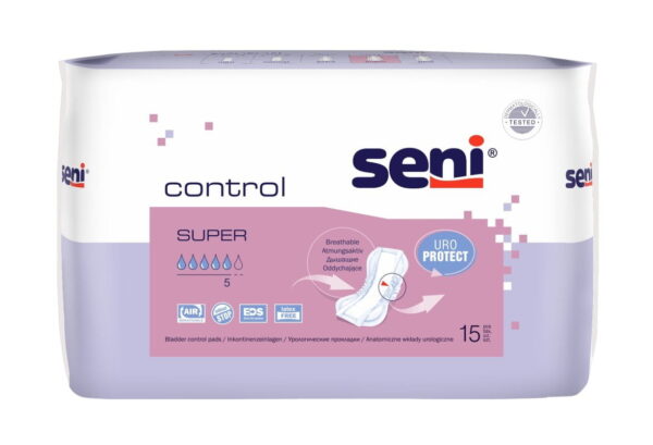 Einlagen Seni Control Super 15 Stück Atmungsaktive anatomische Einlagen sind für Frauen mit leichter bis mittlerer Inkontinenz geeignet. Die perfekte Lösung für aktive Frauen. Die Einlagen haben eine anatomische Passform für eine perfekte Anpassung an den Körper. Die Seni Control MINI und NORMAL sehen aus wie eine normale Slipeinlag...