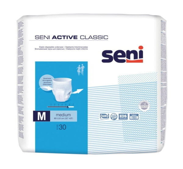 Inkontinenzslips Seni Active Classic Medium 30 Stück Seni Active Classic Medium – Für Damen und Herren Die elastischen Inkontinenzslips Seni Active Classic Medium 30 Stück sind die pefekte Lösung für Personen mit leichter bis mittlerer Blasenschwäche