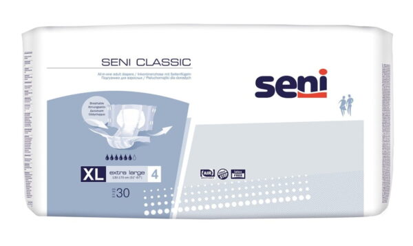 Seni Classic Extra Large 30 Stück Die Windelhose Seni Classic (Ehem. Seni Standard) ist für Personen mit mittlerer bis schwerer Inkontinenz geeignet. Diese Windelhose mit der Standardsaugstärke eignet sich besonders für die Tagesversorgung. Die Classicausführung besitzt keinen elastischen Bauch- und Rückenabschluss. Zudem ist die...