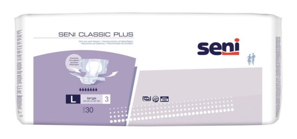 Seni Classic Plus Large 30 Stück Die Windelhose Seni Classic Plus ist für Personen mit schwerer Inkontinenz geeignet. Sie ist aufgrund ihrer erhöhten Saugstärke besonders für die Nachtversorgung geeignet. Die Classicausführung besitzt keinen elastischen Bauch- und Rückenabschluss. Zudem ist diese Windelhose mit einem herkömmlich...