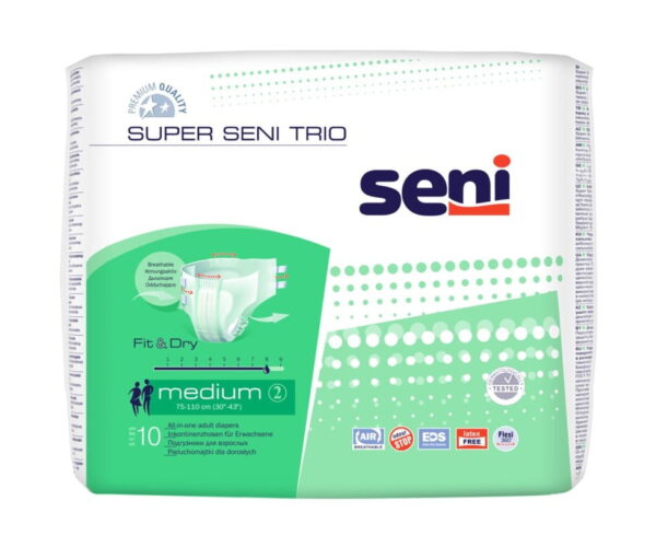 Super Seni Trio Inkontinenzhosen Medium 10 Stück Super Seni Trio Medium - Für Damen und Herren Die Super Seni Trio Inkontinenzhosen Medium 10Stück sind eine zuverlässige Lösung bei Inkontinenz. Bestens geeignet für mobile